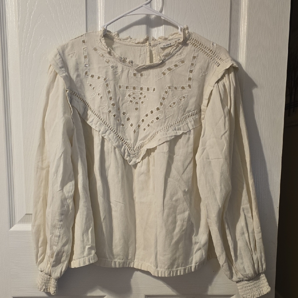 Pull&Bear Off White Eyelet Yoke Long-Sleeve Blouse
